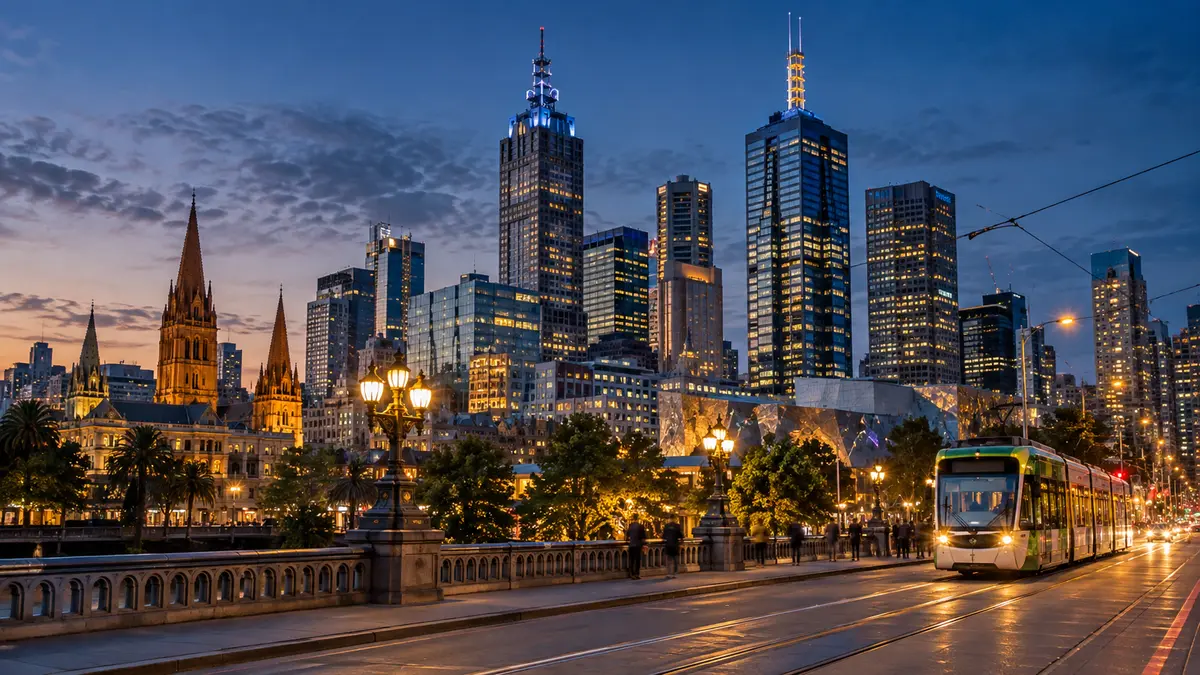 Illustrative city view of Melbourne at dusk